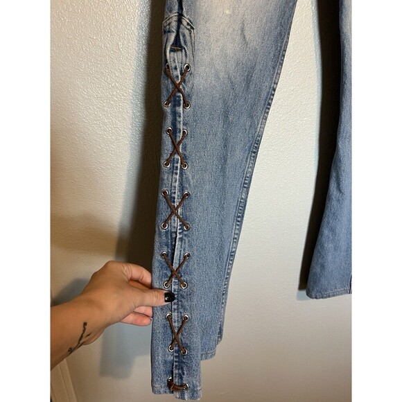 Vintage Y2K low rise Kosuiko Flare Light Wash Denim Jeans Leather Lace Up - Picture 2 of 10